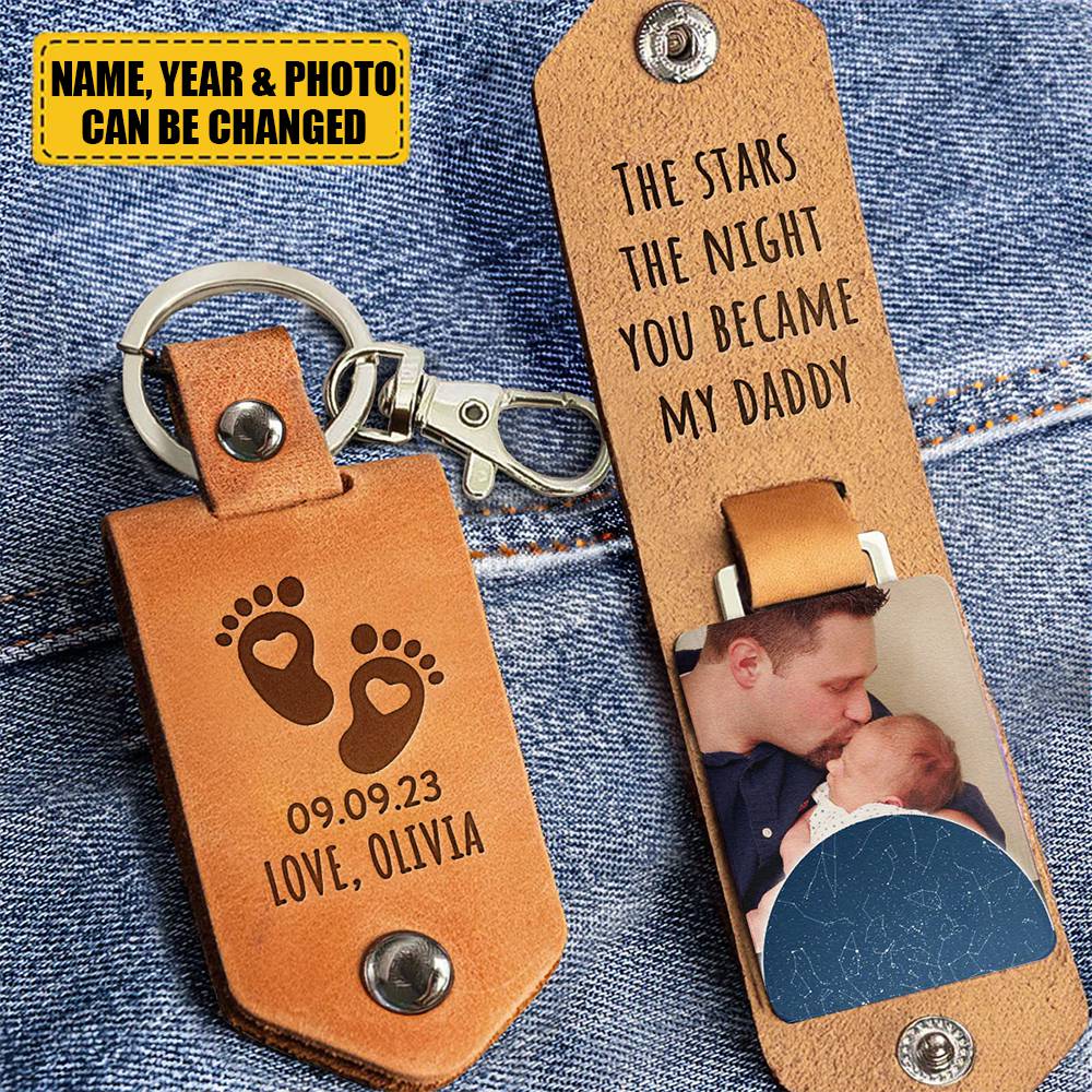 The Stars The Night You Became My Daddy - Personalized Leather Photo Keychain