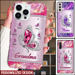 Sparkling Pink Violet Butterfly Grandma- Mom With Little Kids Personalized Glass Phone Case