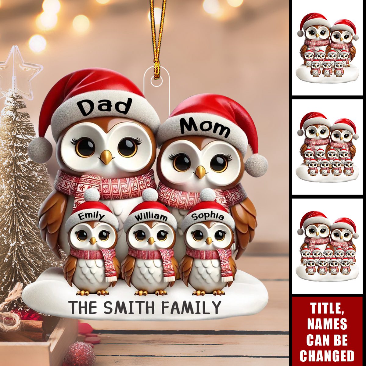 3D Effect Owl Family Christmas Personalized Acrylic Ornament