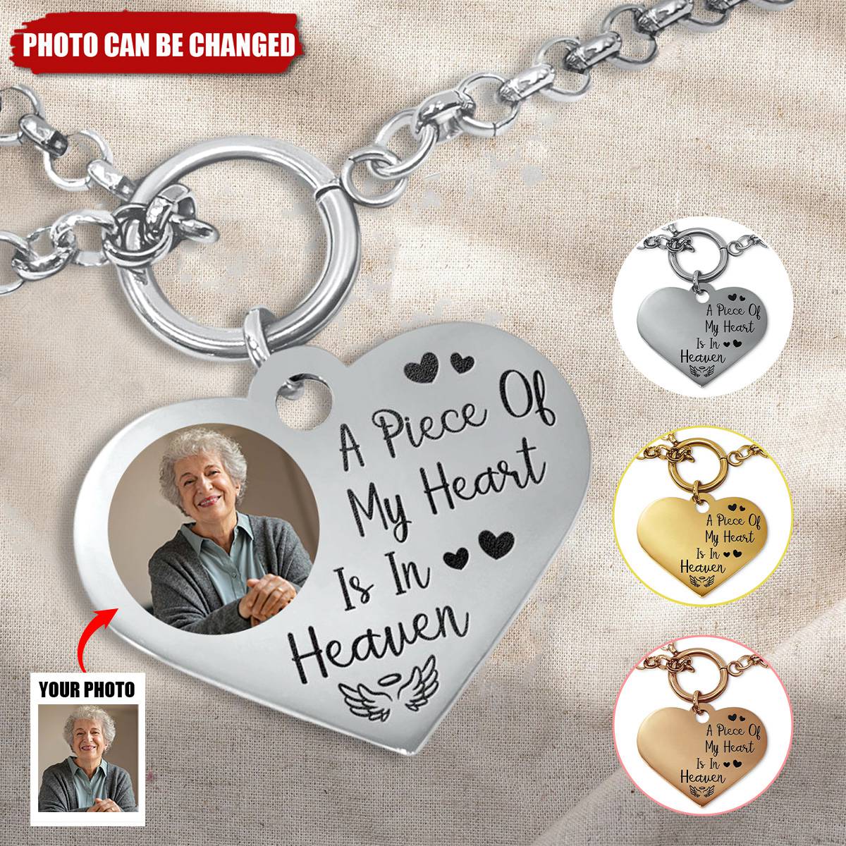 Custom Photo A Piece Of My Heart Is In Heaven Memorial - Personalized Heart Bracelet