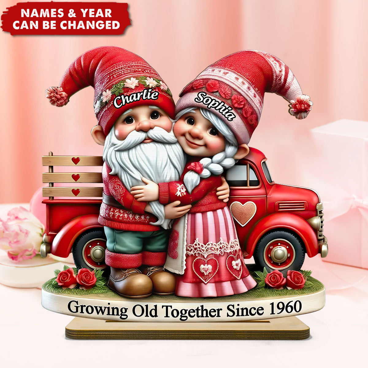 3D Effect Couple Valentine Truck Personalized 2-Layer Standing Wooden Plaque