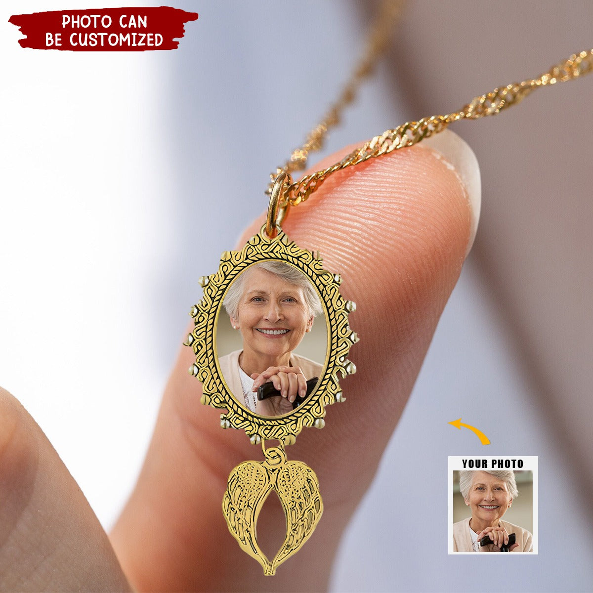 Personalized Photo Charm Necklace with Angel Wings