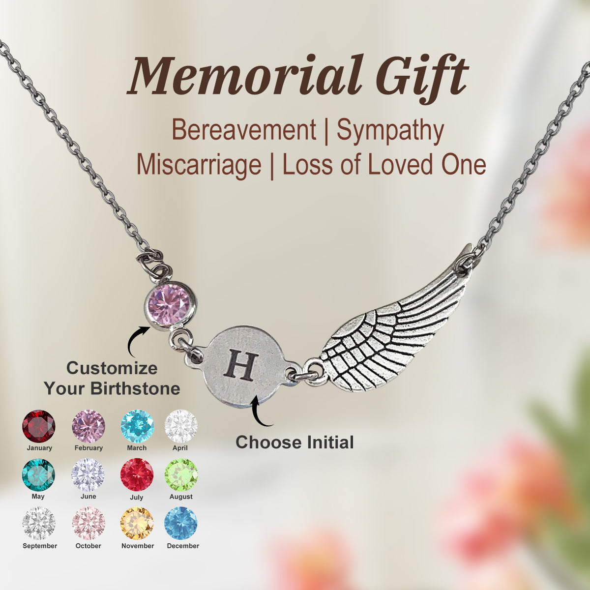 Memorial Gift, Personalized Monogram Wing Birthstone Pendant Necklace