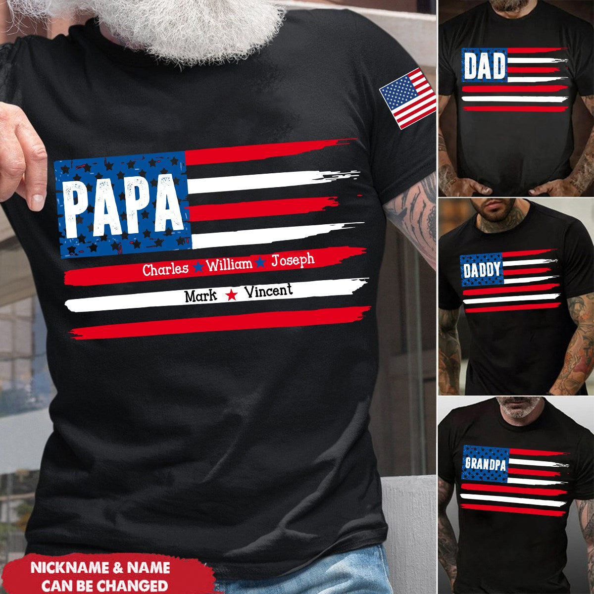 Custom Papa Flag With Grandkids 4th of July Personalized T-Shirt