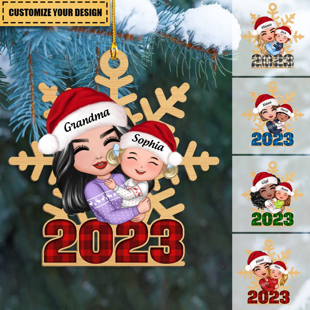 Doll Grandma Hugging Grandkid Snowflake Checkered 2023 Personalized Wooden Ornament