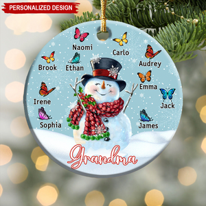 Personalized Christmas Snowman Butterfly Ornament - Gift For Grandma