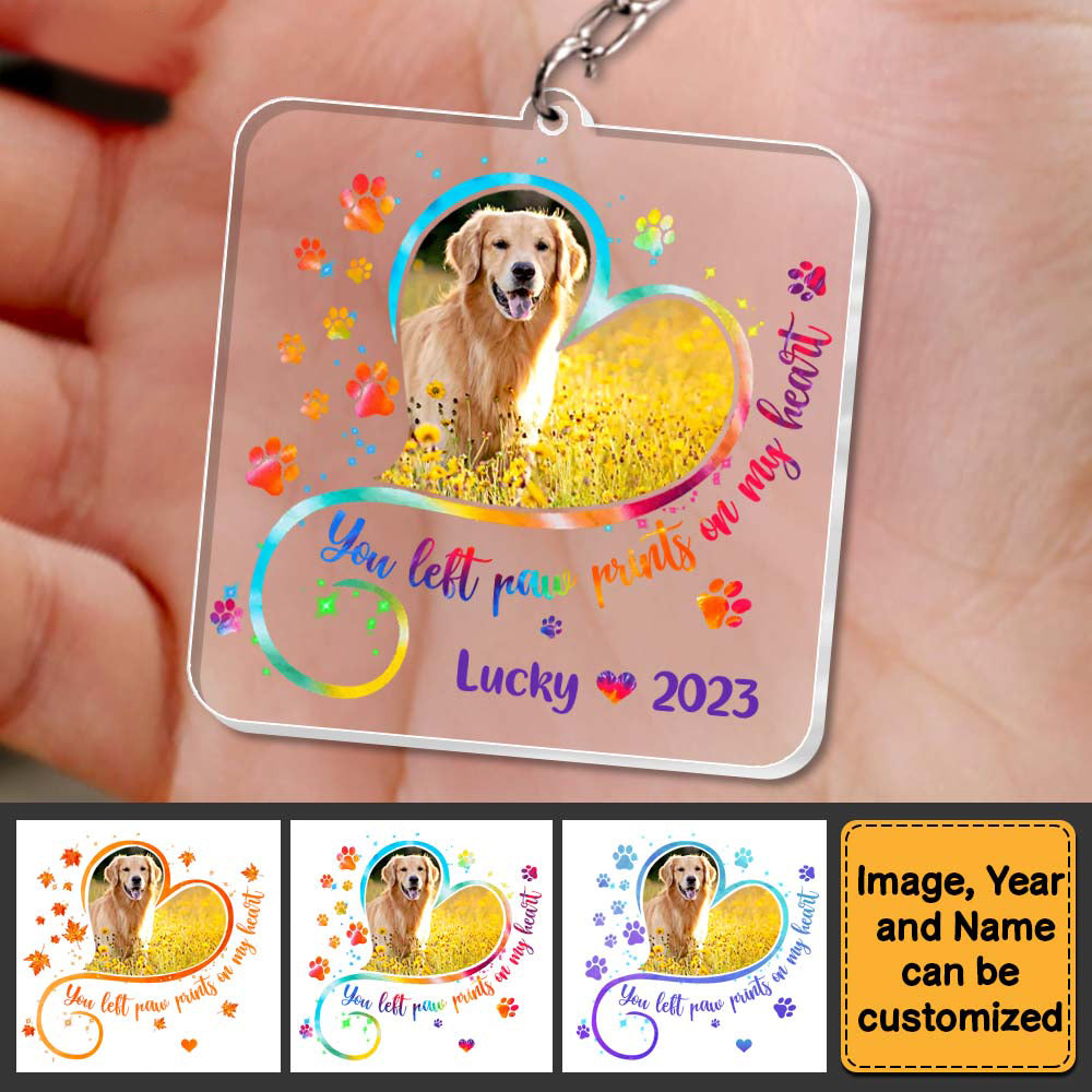 Memorial Gift Dog Photo Paw Prints On My Heart Acylic Keychain