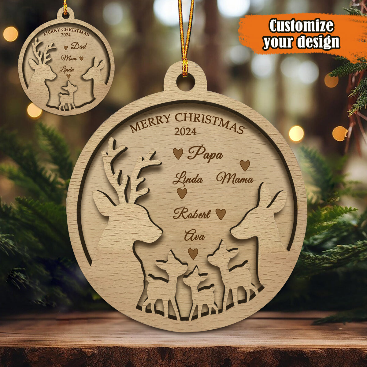 Personalized Deer Family Christmas Wooden Ornament