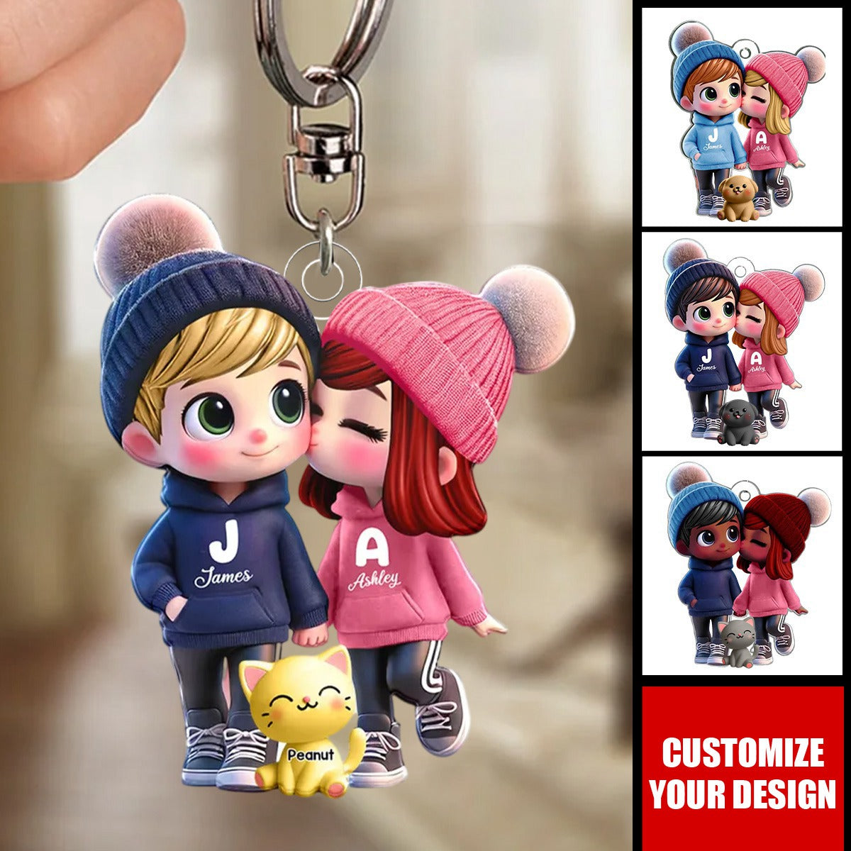 Cute Cartoon Couple You Me And The Dog Cat Personalized Acrylic Keychain