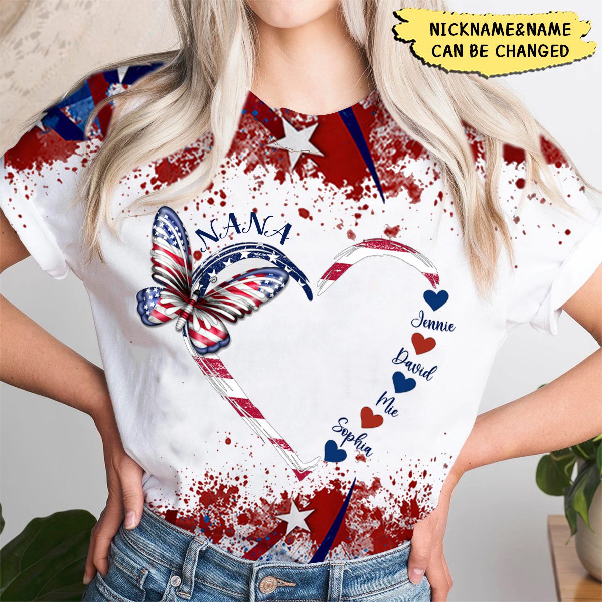 Heart Kids Butterfly Grandma 4th of July Personalized 3D T-shirt
