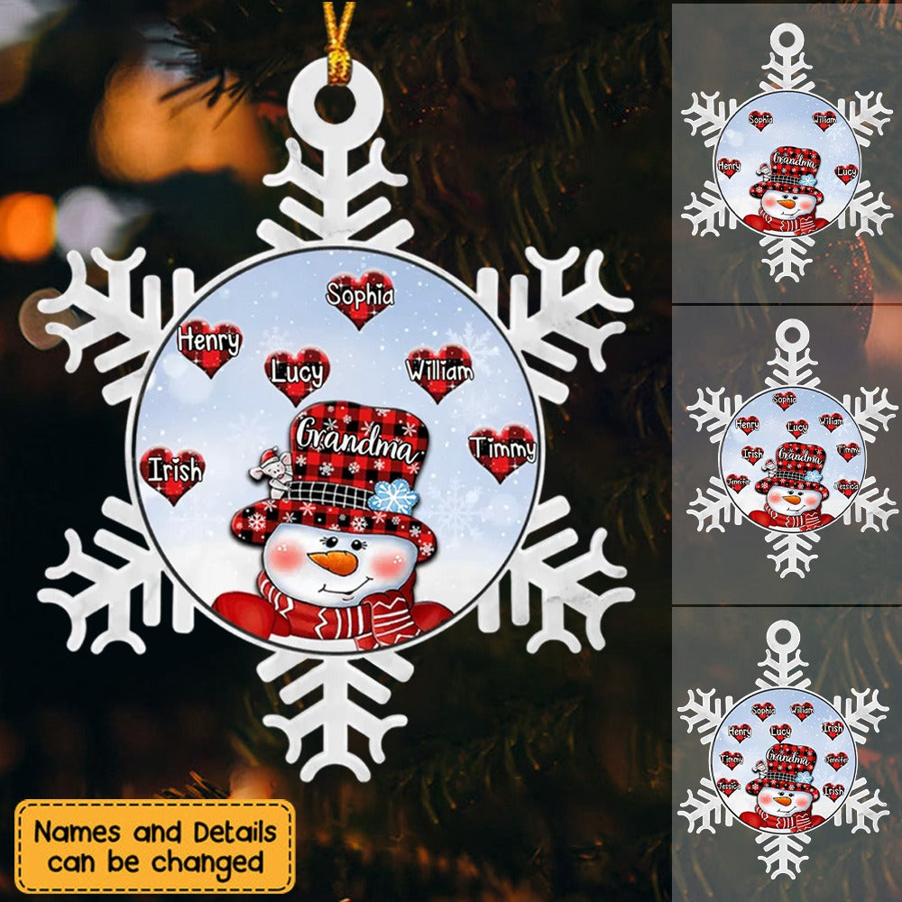 Snowman Nana With Heart Kids - Personalized Snowflake Shaped Acrylic Ornament