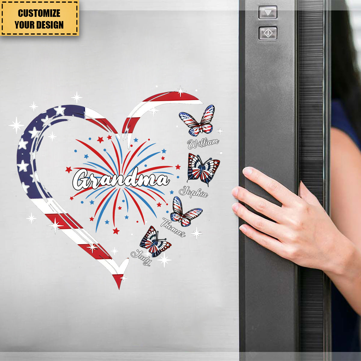 Grandma Mama Heart Butterfly 4th Of July USA Flag Independence Day Personalized Sticker Decal
