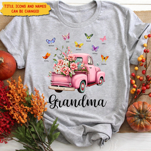 Gift For Grandma Pink Floral Truck Butterflies T-shirt