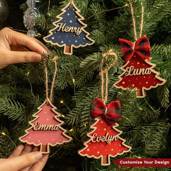 Christmas Tree Custom Family Name -Personalized 2 Layers Wooden Ornament With Bow