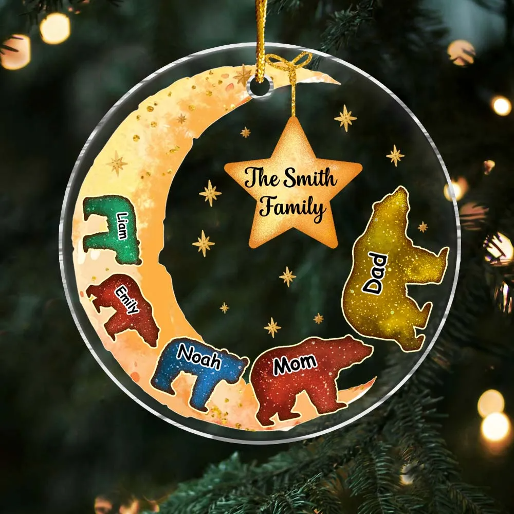 Personalized Bear Family On The Moon Acrylic Circle Ornament