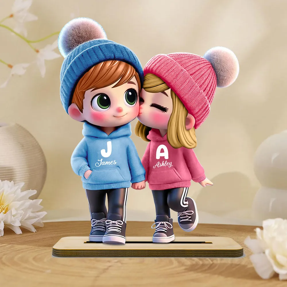 Cute Cartoon Couple Walking Personalized Standing Wooden Plaque