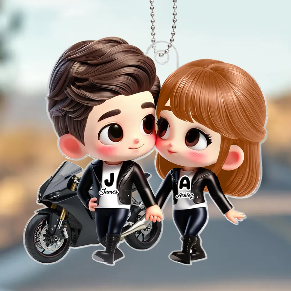 Cute Cartoon Motorcycle Couple Personalized Acrylic Car Hanger