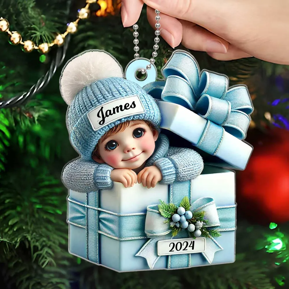 Kid Boy Girl Inside Gift Box Personalized Acrylic Ornament