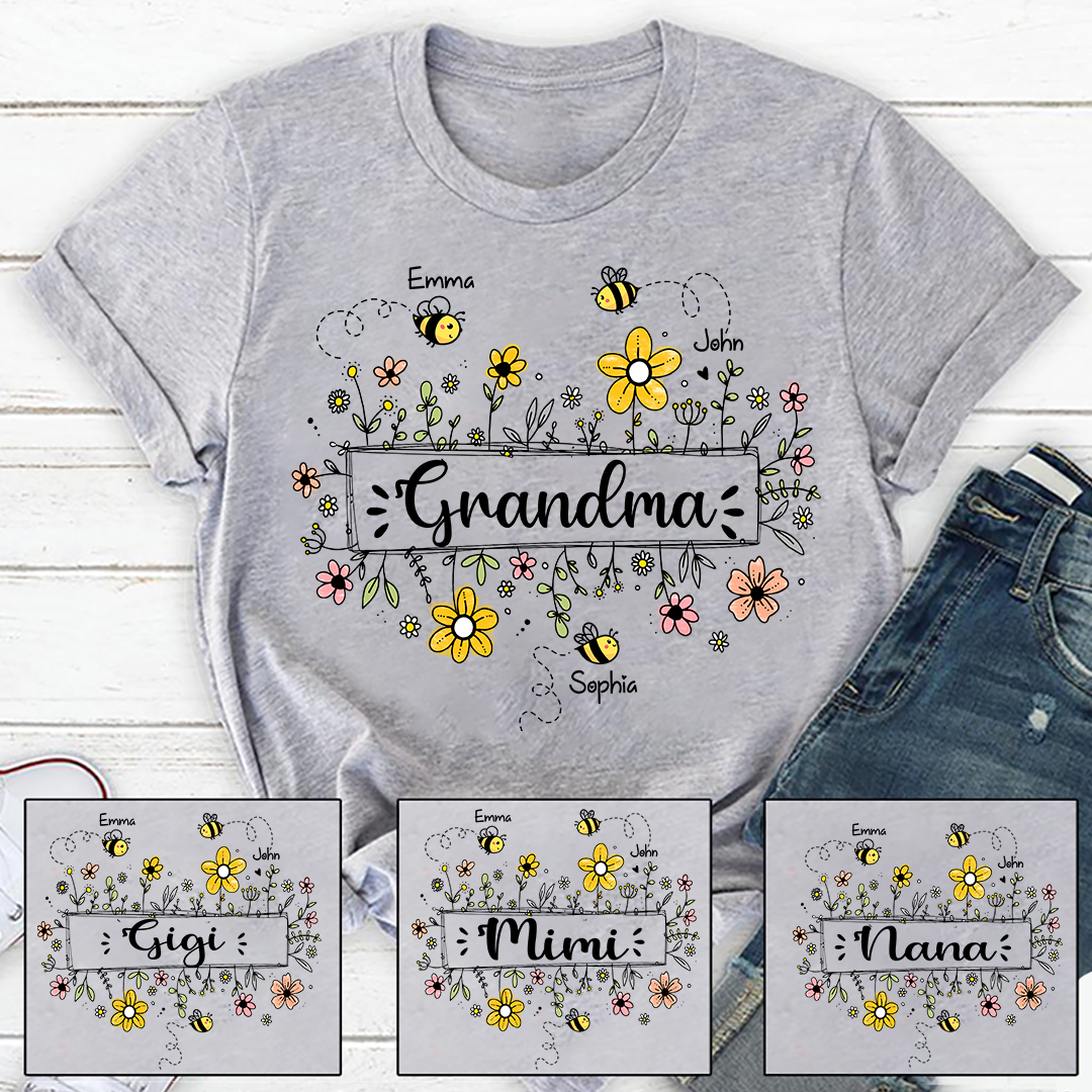 Personalized Grandma Flower Bee And Grandkids Custom Names Mother's Day T-Shirt