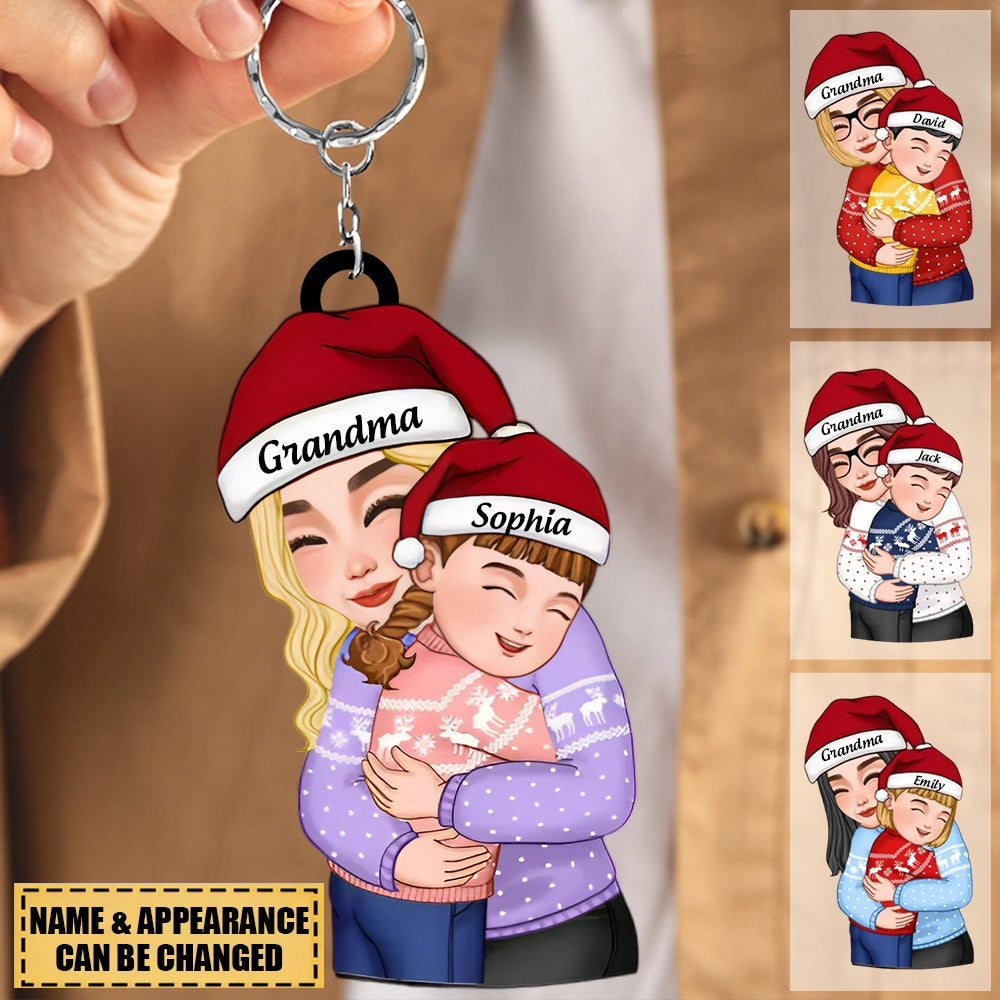 Christmas Cute Grandma Hugging Kid Personalized Keychain