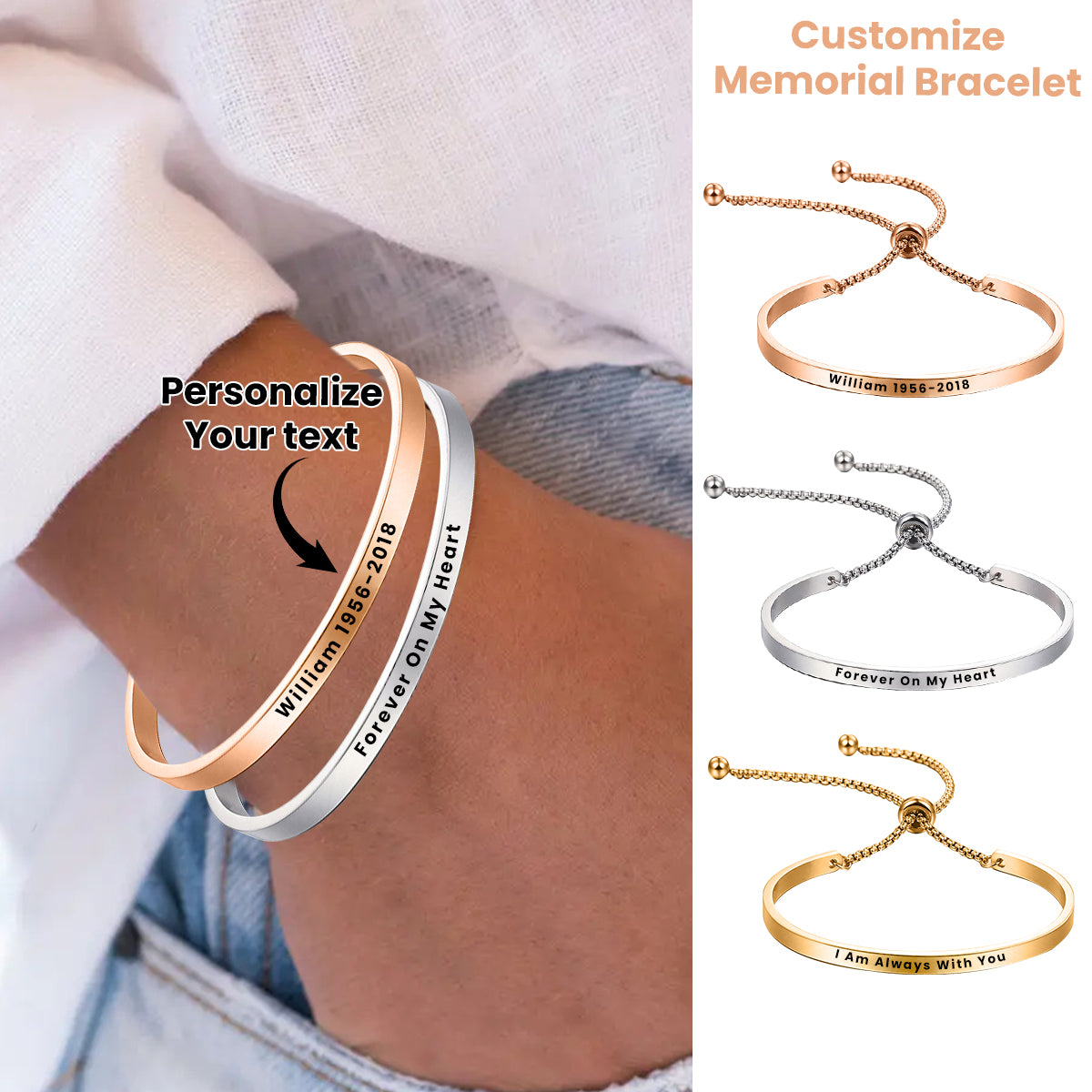 Forever On My Heart- Personalized Memorial Adjustable Bracelet