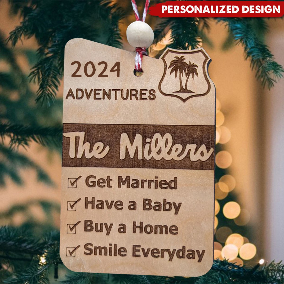 Personalized Adventure Travel Ornament Bucket List Ornament Wood Engraved Bauble