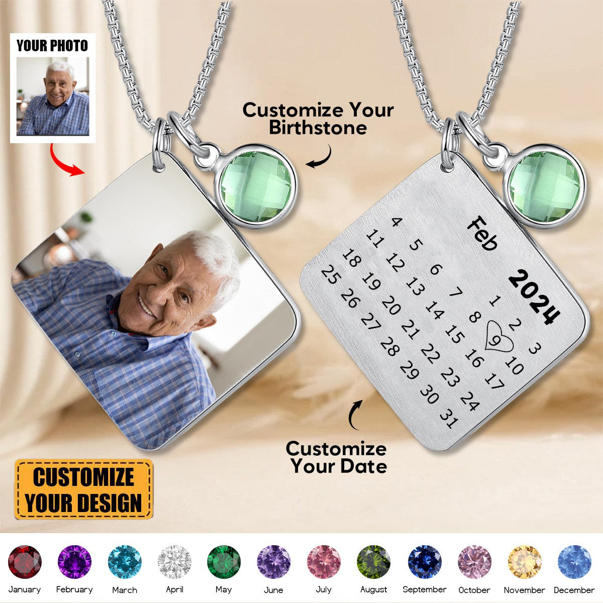 Personalized Photo Necklace with Calendar and Birthstone Engraving Memorial Gift