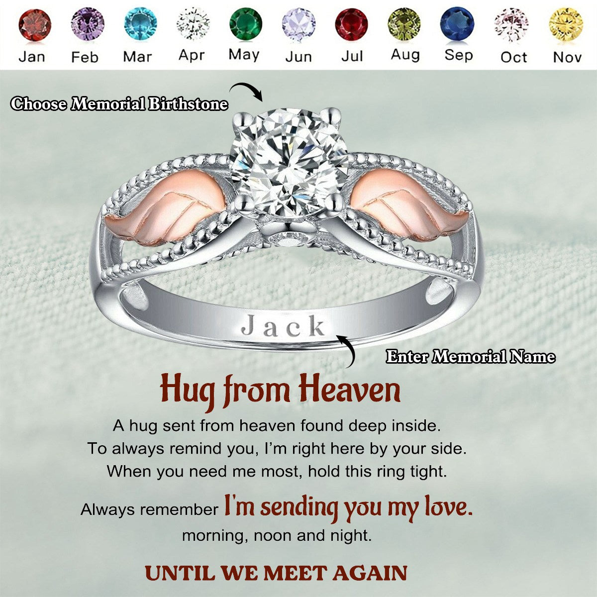 Personalized Hug From Heaven Memorial Angel Wings Ring