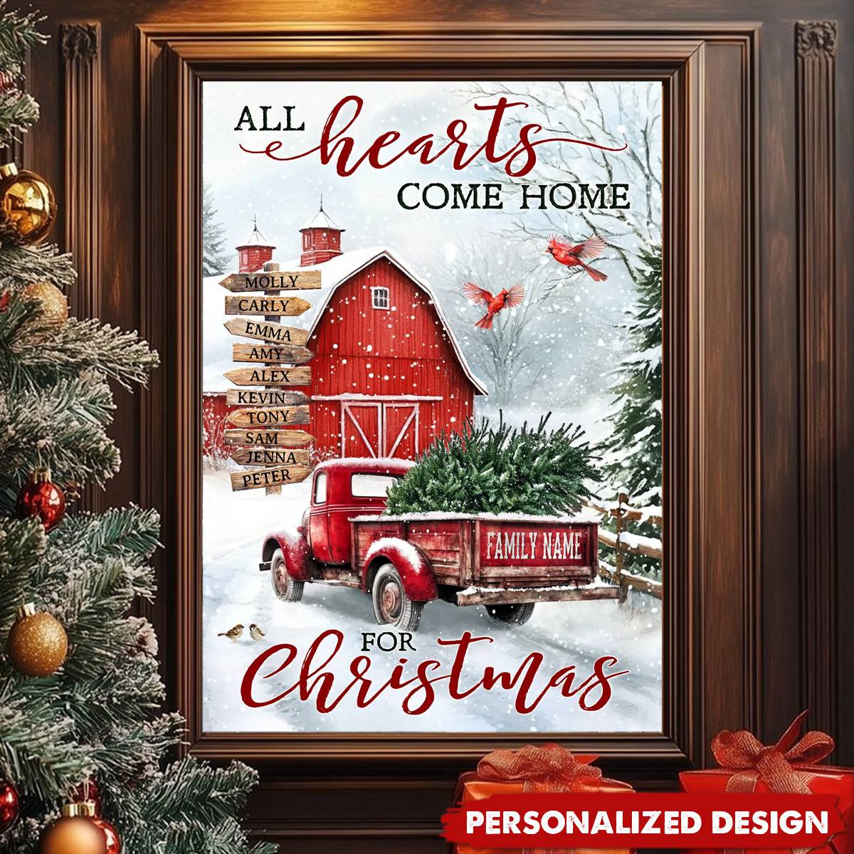 All Hearts Come Home For Christmas-Personalized Customized Farm Red Truck Poster