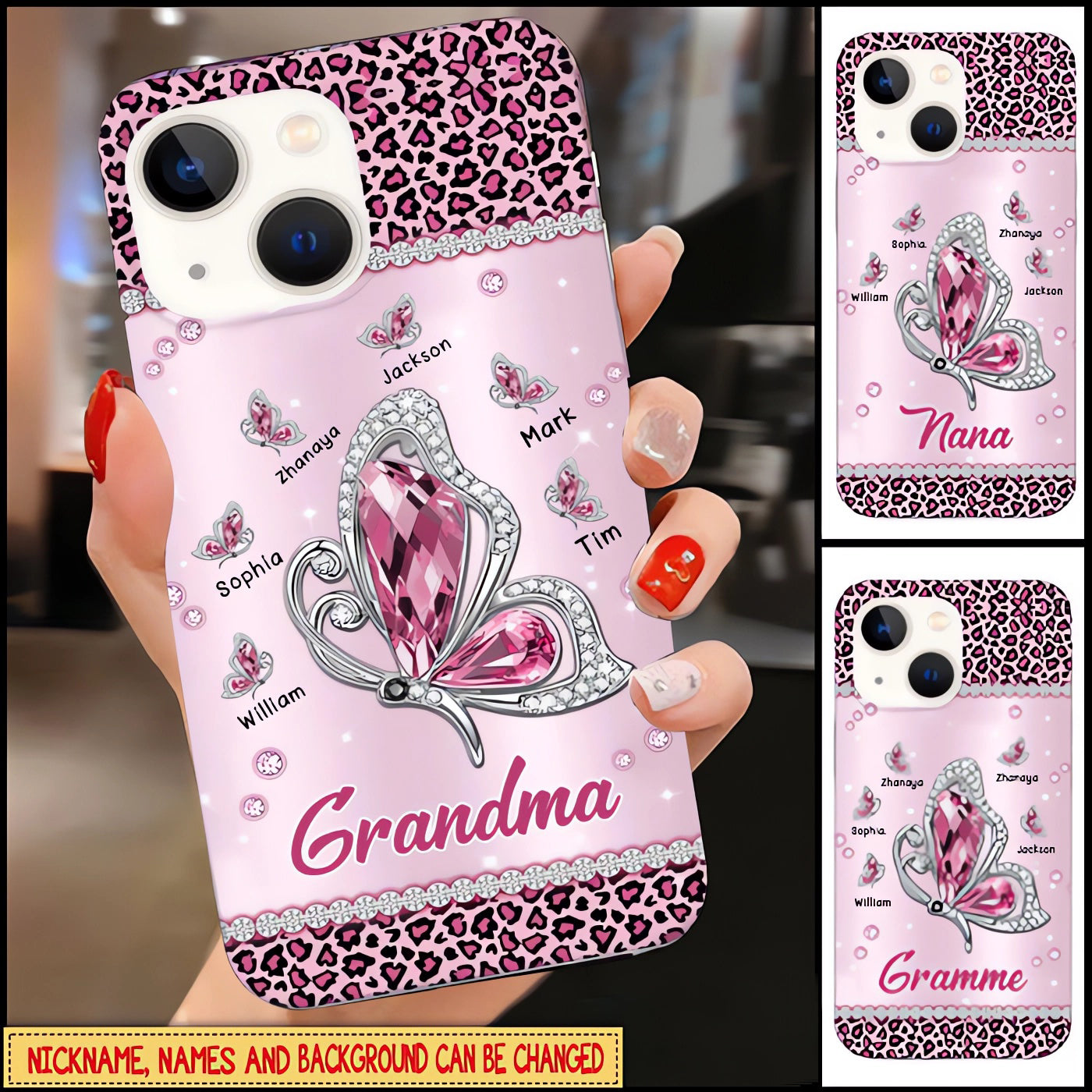 Sparkling Pink Violet Butterfly Grandma- Mom With Little Kids Personalized Glass Phone Case