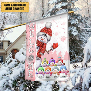 Cute Christmas Snowman Grandma Mom Welcomes Little Snowy Kids Personalized House Garden Flag