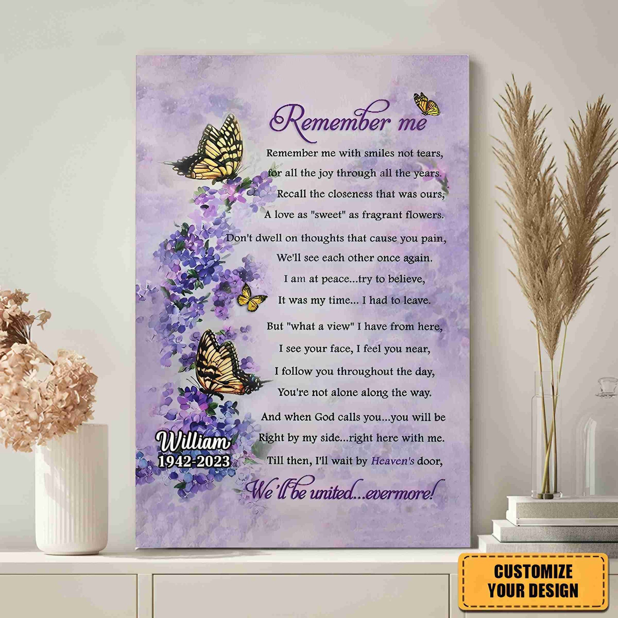 Remember Me With Smiles Not Tears- Personalized Butterfly Canvas