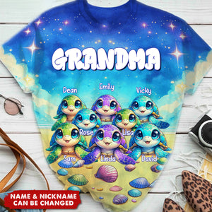 Gift for Grandmas Cute Little Turtle Grandkids Personalized 3D T-shirt