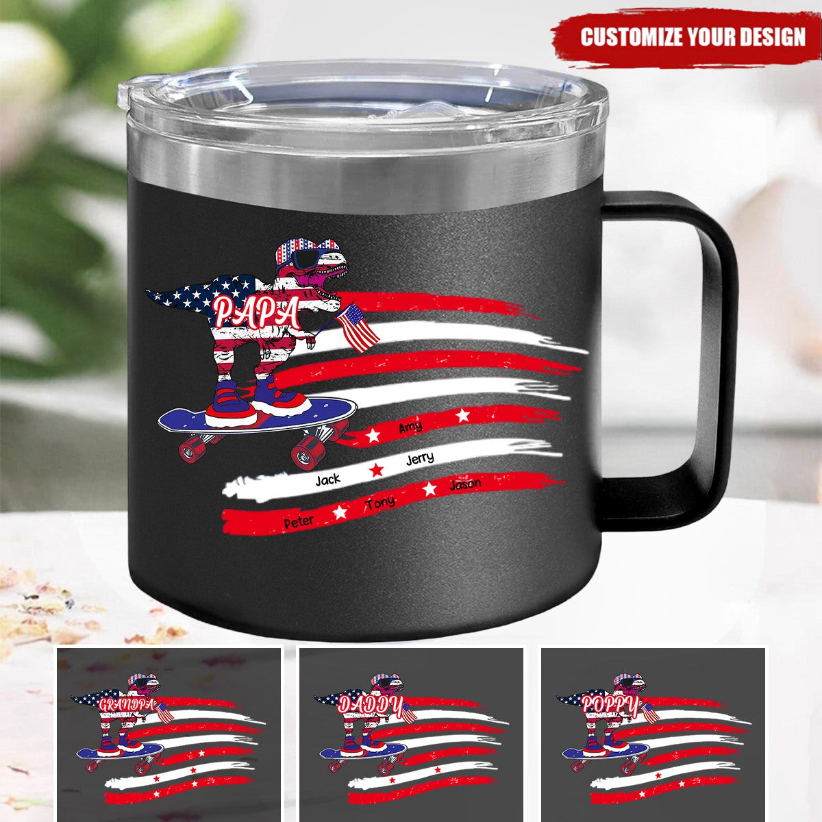 Dinosaur Grandpa USA Flag Independence Day-Personalized 14oz Stainless Steel Tumbler