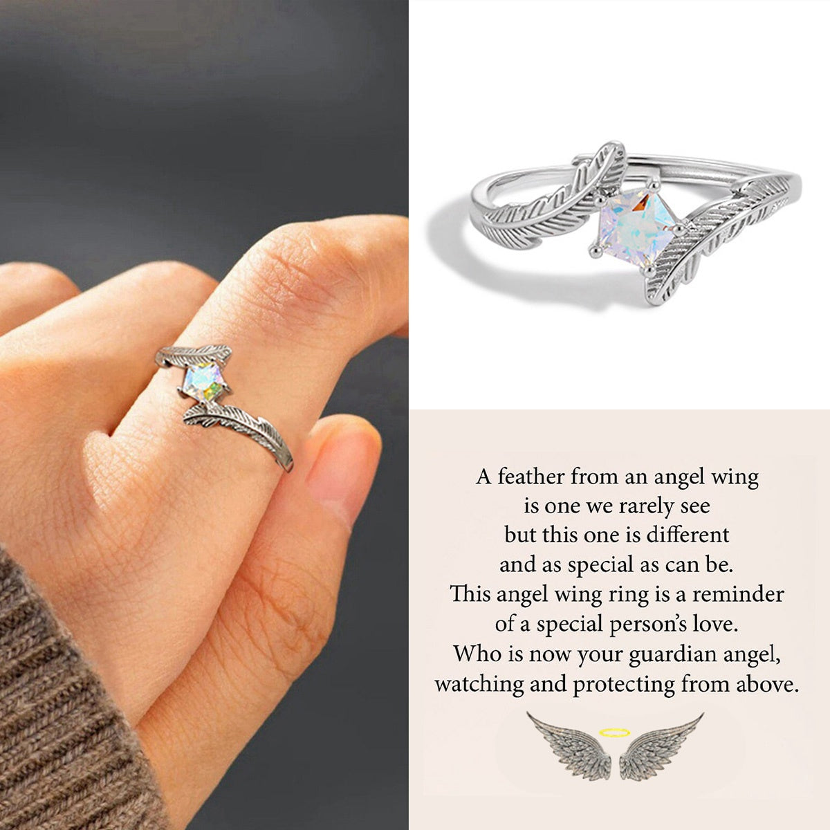 Memorial Feather Plume Ring - Angel Wing Ring
