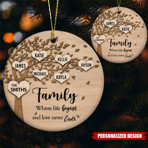 Family Where Life Begins and Never Ends Personalized  Ceramic Christmas Ornament