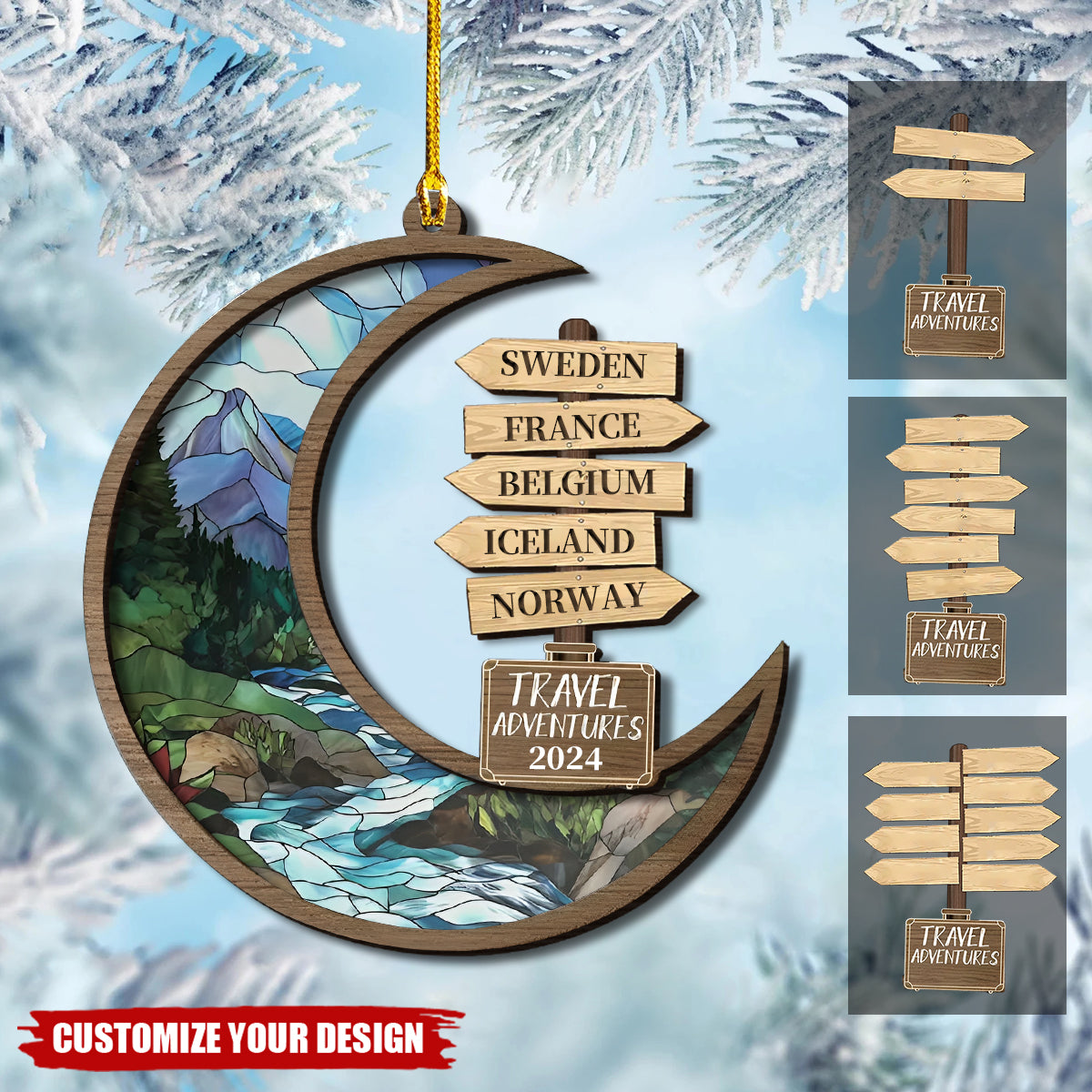 Personalized Travel Adventure Suncatcher Ornament, Custom Traveling Destination Ornament