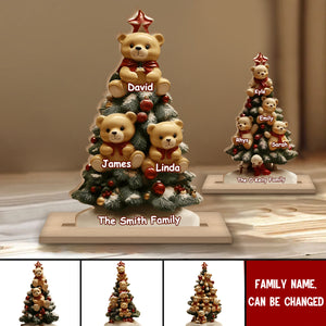 Personalized Family Christmas Tree With Cute Bear Ornaments Wooden Plaque