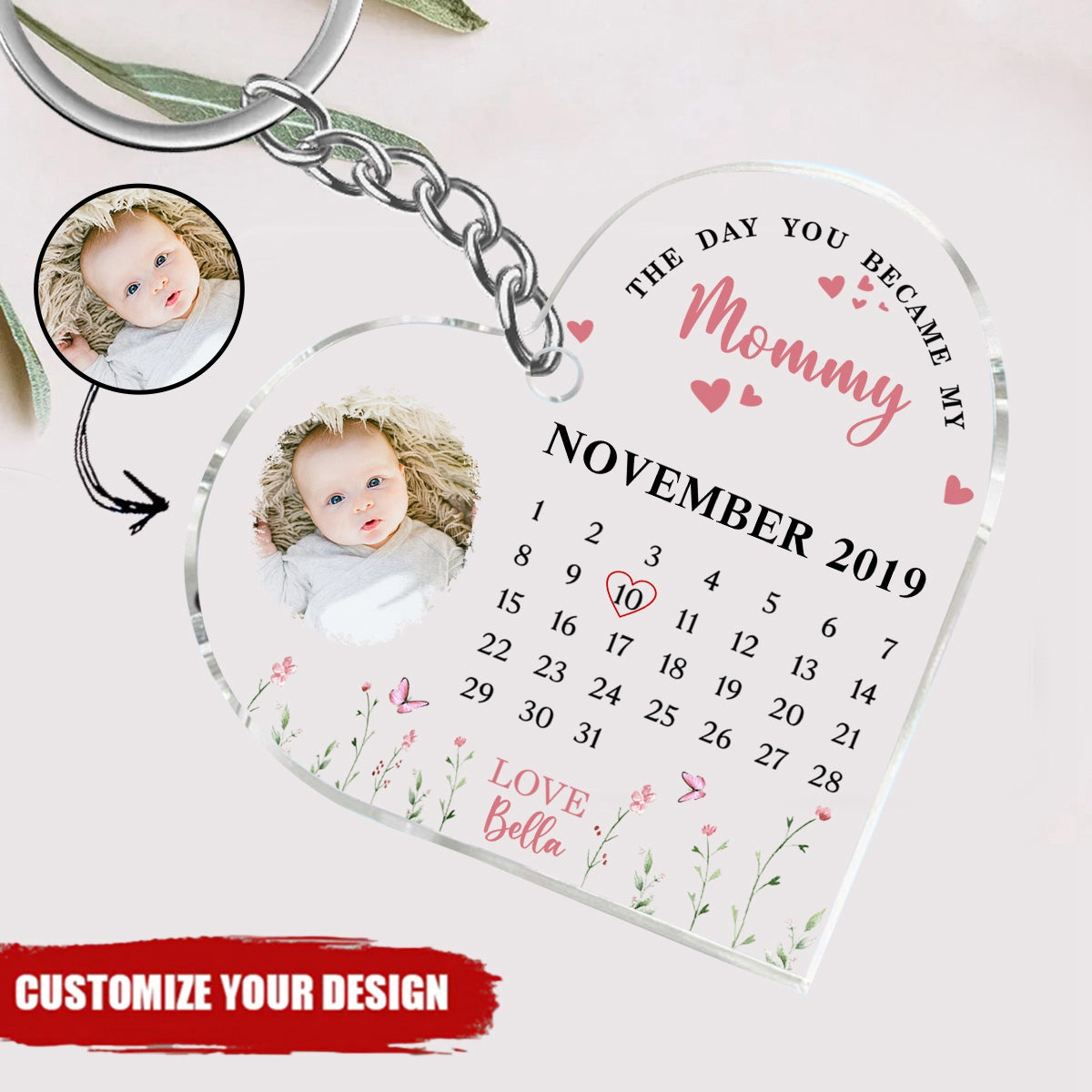 The Day You Became My Mommy Heart-shaped Personalized Acrylic Keychain
