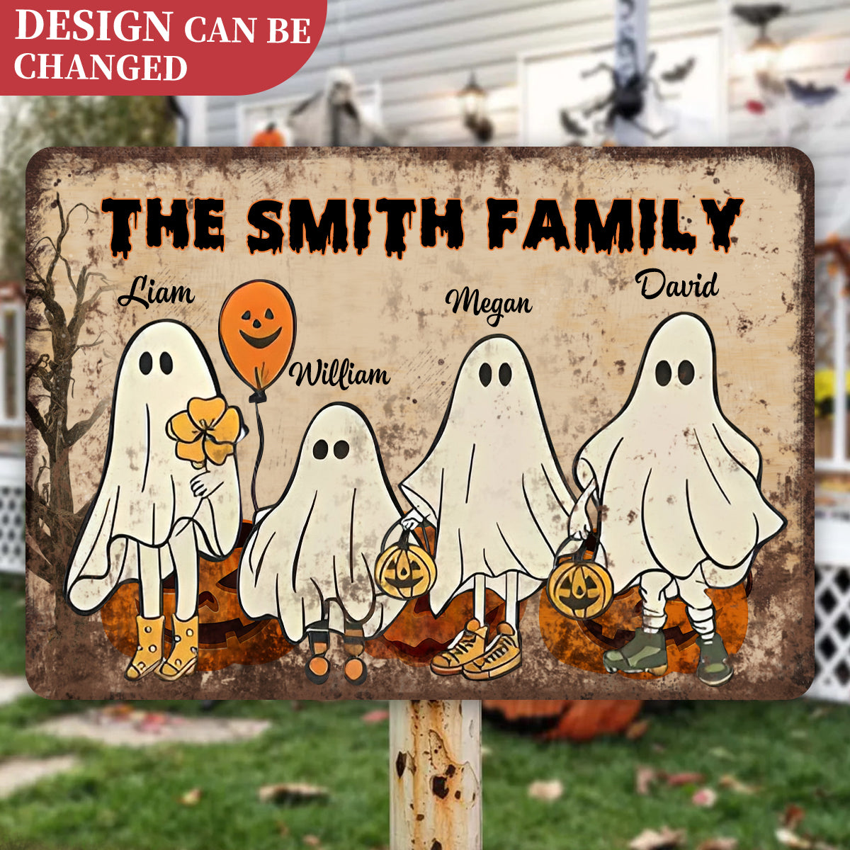 Custom Happy Halloween Ghost Family - Personalized Metal Sign