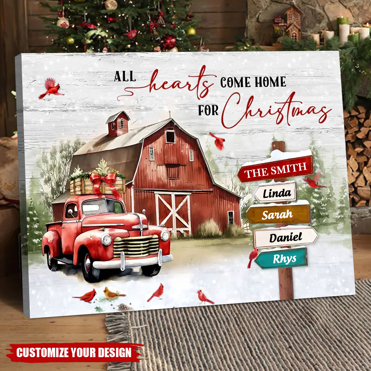 The Joy Of Christmas is Family-Personalized Farm Red Truck Name Custom Vintage Poster