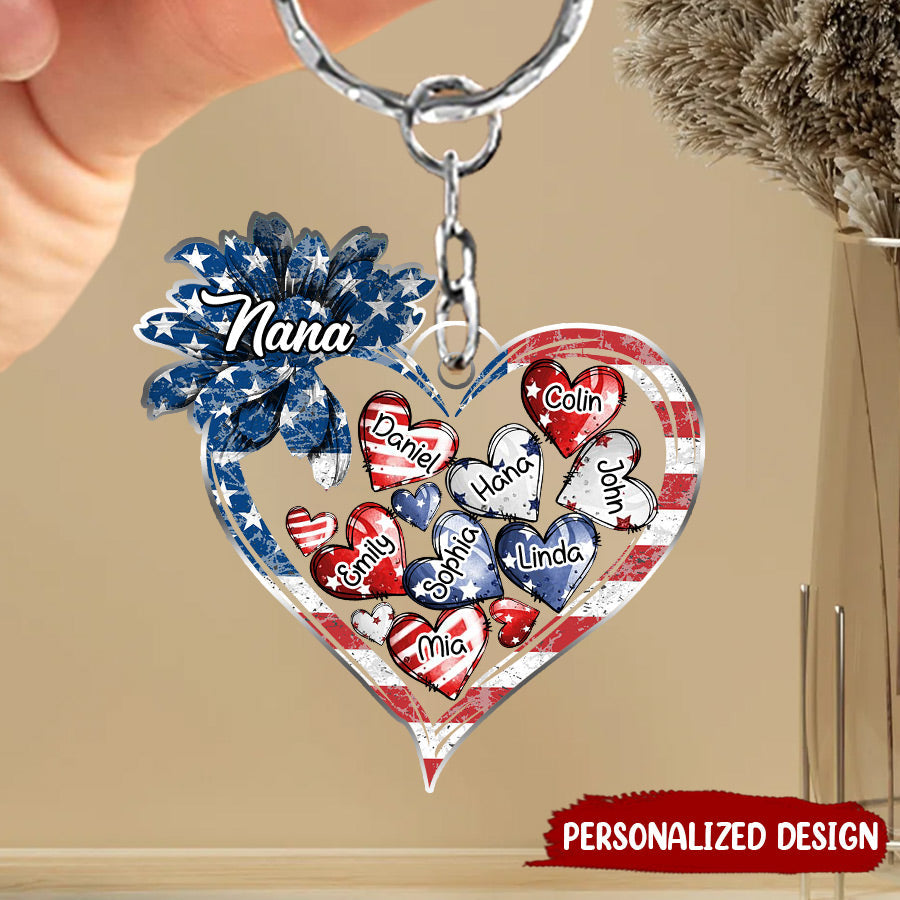 4th of July American Flag Sunflower Nana Auntie Mom Sweet Heart Kids Personalized Keychain
