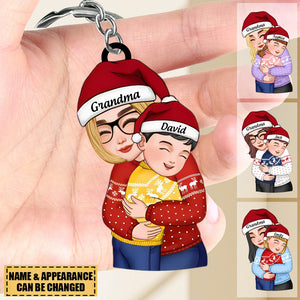Christmas Cute Grandma Hugging Kid Personalized Keychain