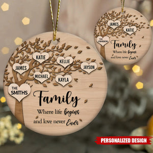 Family Where Life Begins and Never Ends Personalized  Ceramic Christmas Ornament