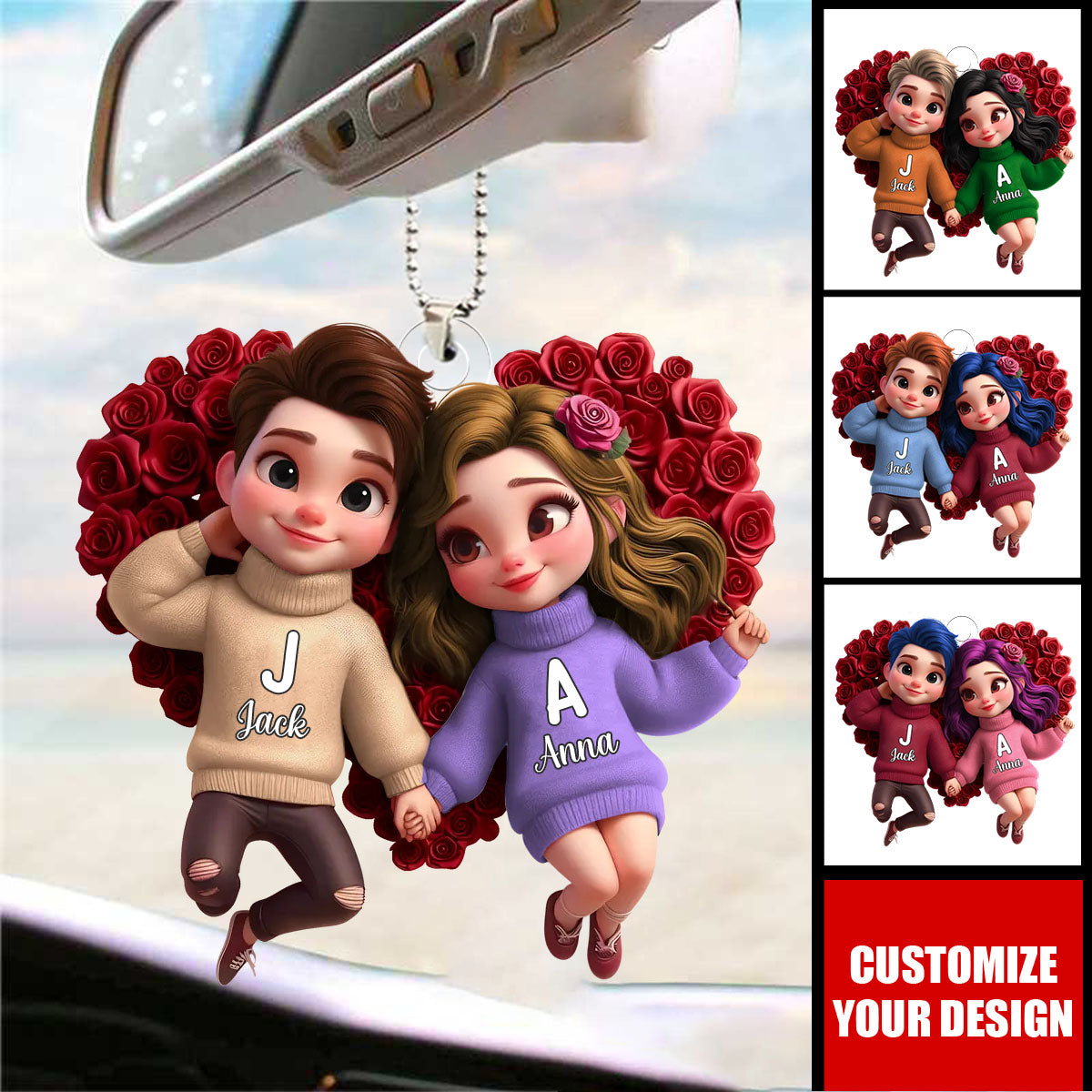 Rose Heart Couple Personalized Cartoon Style Acrylic Ornament - Valentine's Day Gift