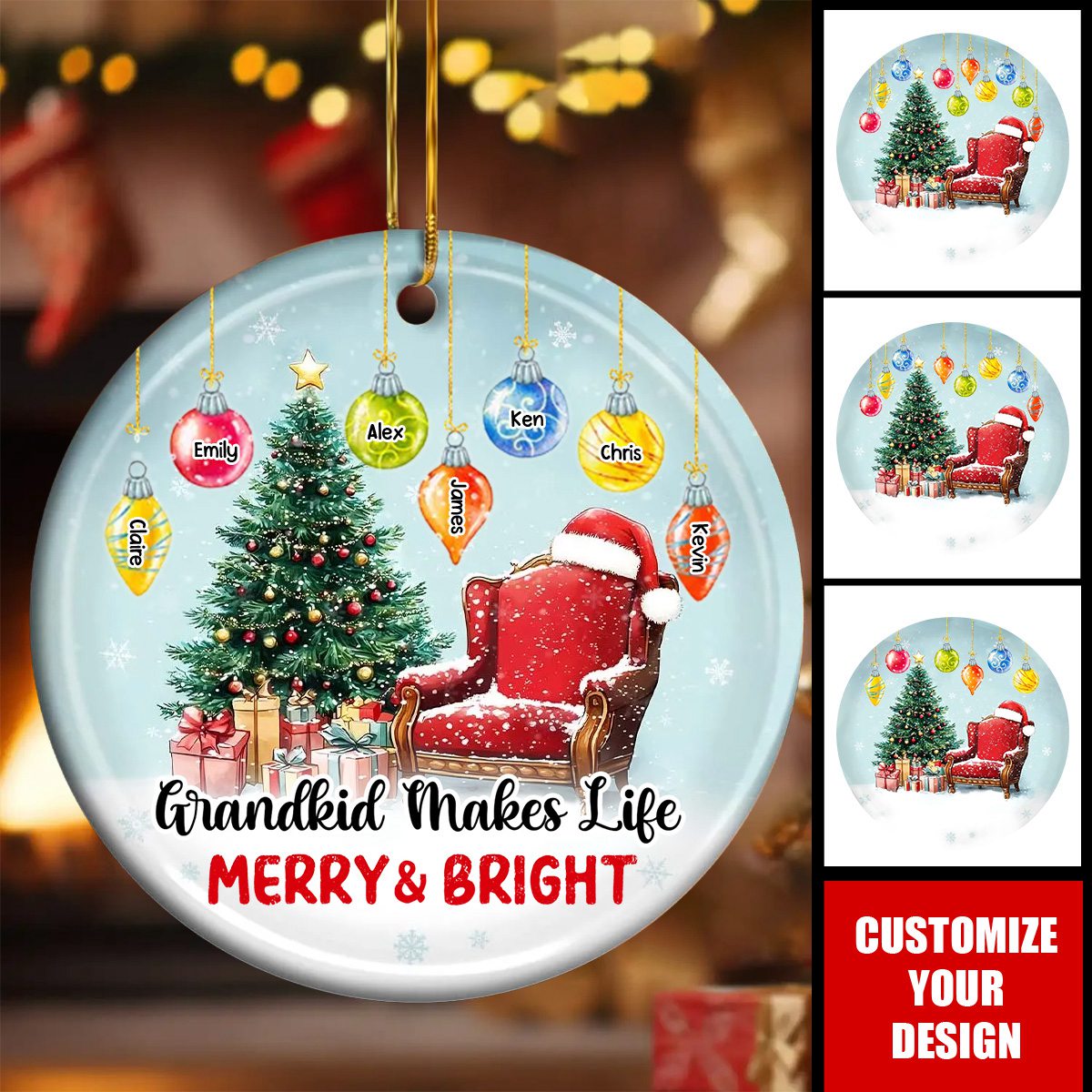 Personalized Grandma Merry And Bright Circle Ceramic Ornament