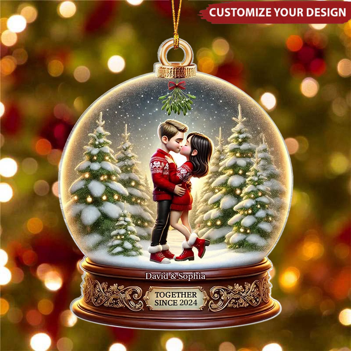 Pretty Couple Kissing Under Mistletoe 3D Realistic Snow Globe Personalized Acrylic Ornament