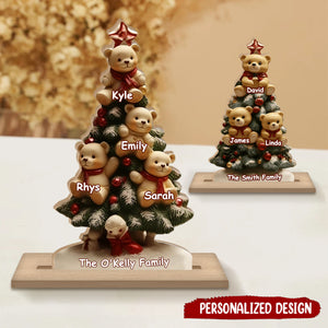 Personalized Family Christmas Tree With Cute Bear Ornaments Wooden Plaque