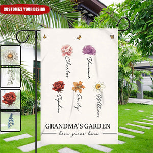 Grandma‘s Garden Love Grows Here Beautiful Birth Month Flower Gift For Grandma Mom Personalized Garden Flag