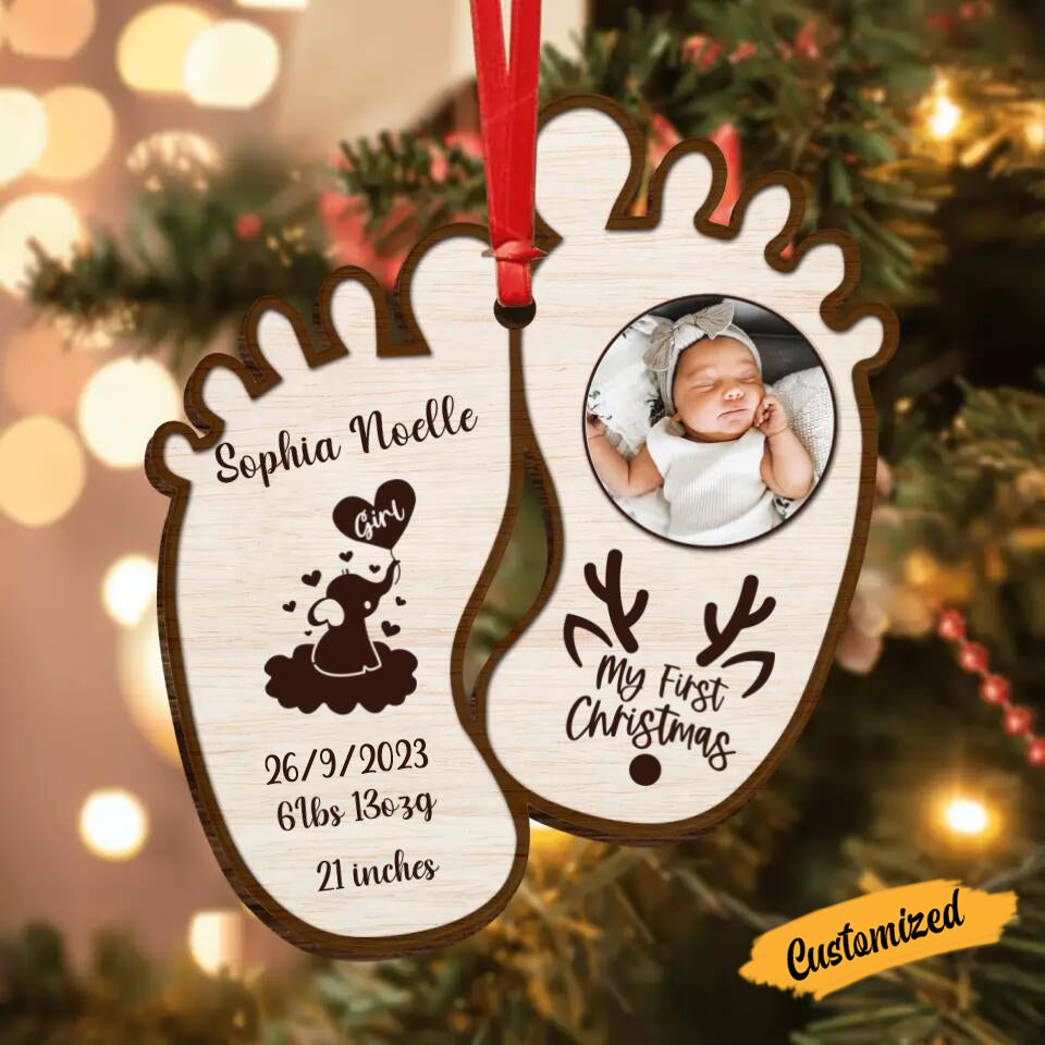Baby's 1st Christmas Foot Print- Personalized Custom Photo Wood Ornament